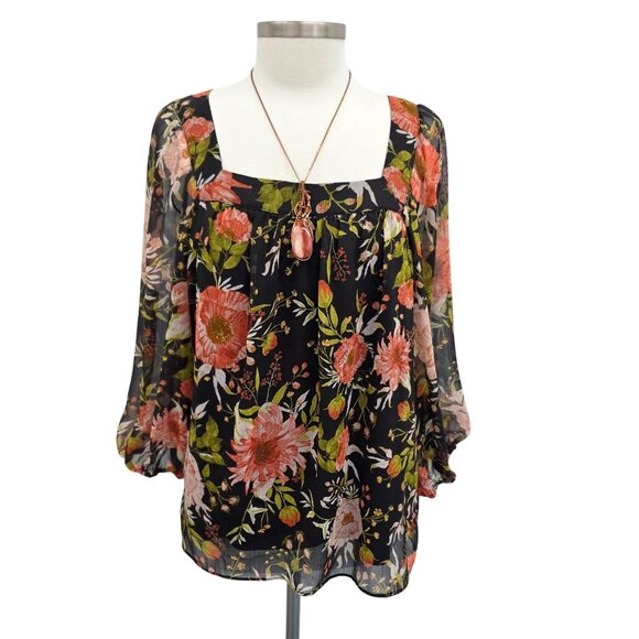 Lauren Conrad XL Floral Chiffon Blouse Black Coral Square Neck Sheer Lined Boho - Picture 1 of 16